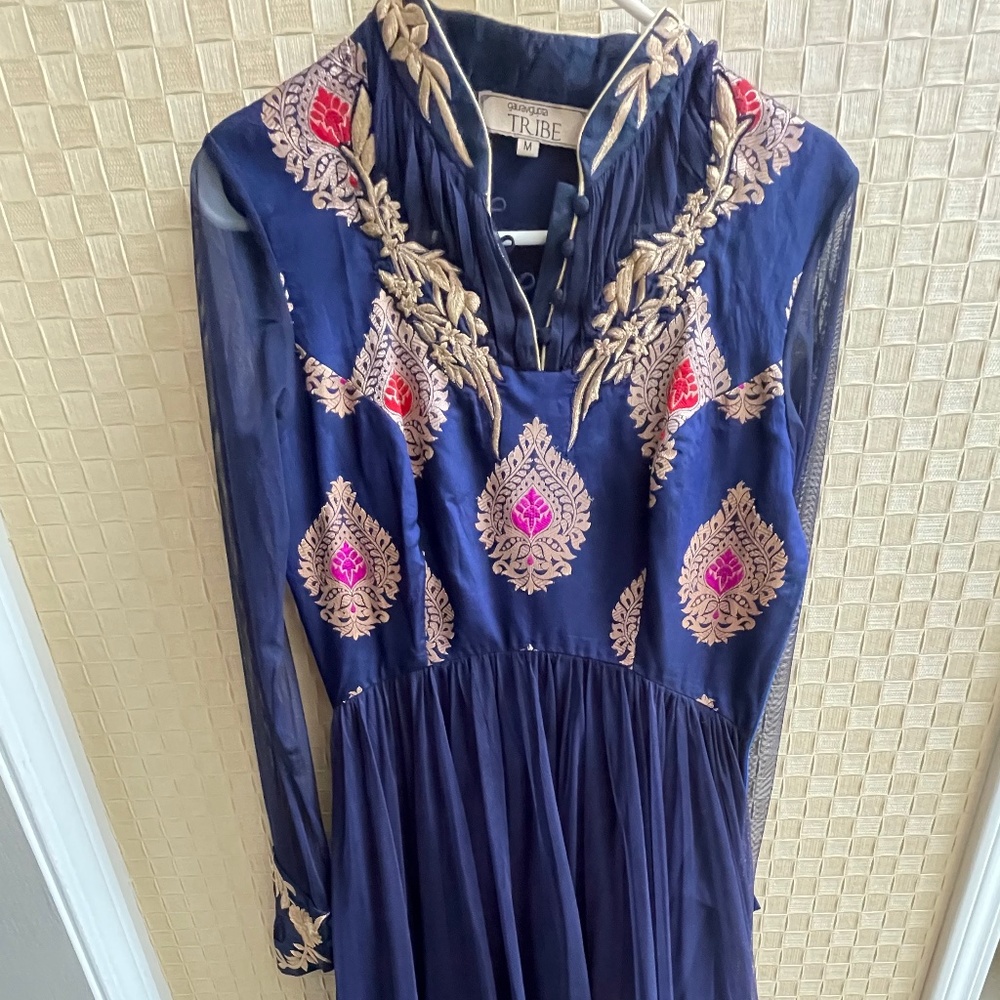 Tribe Navy Embroidered Long Sleeve Maxi Dress